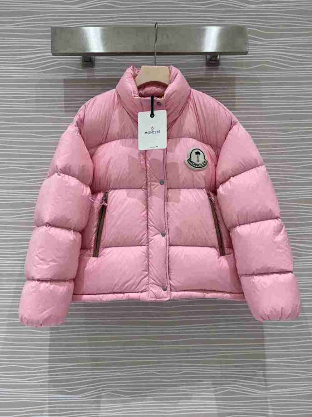 Moncler Pink Cropped Down Coat Palm Tree Emblem High Collar Outerwear